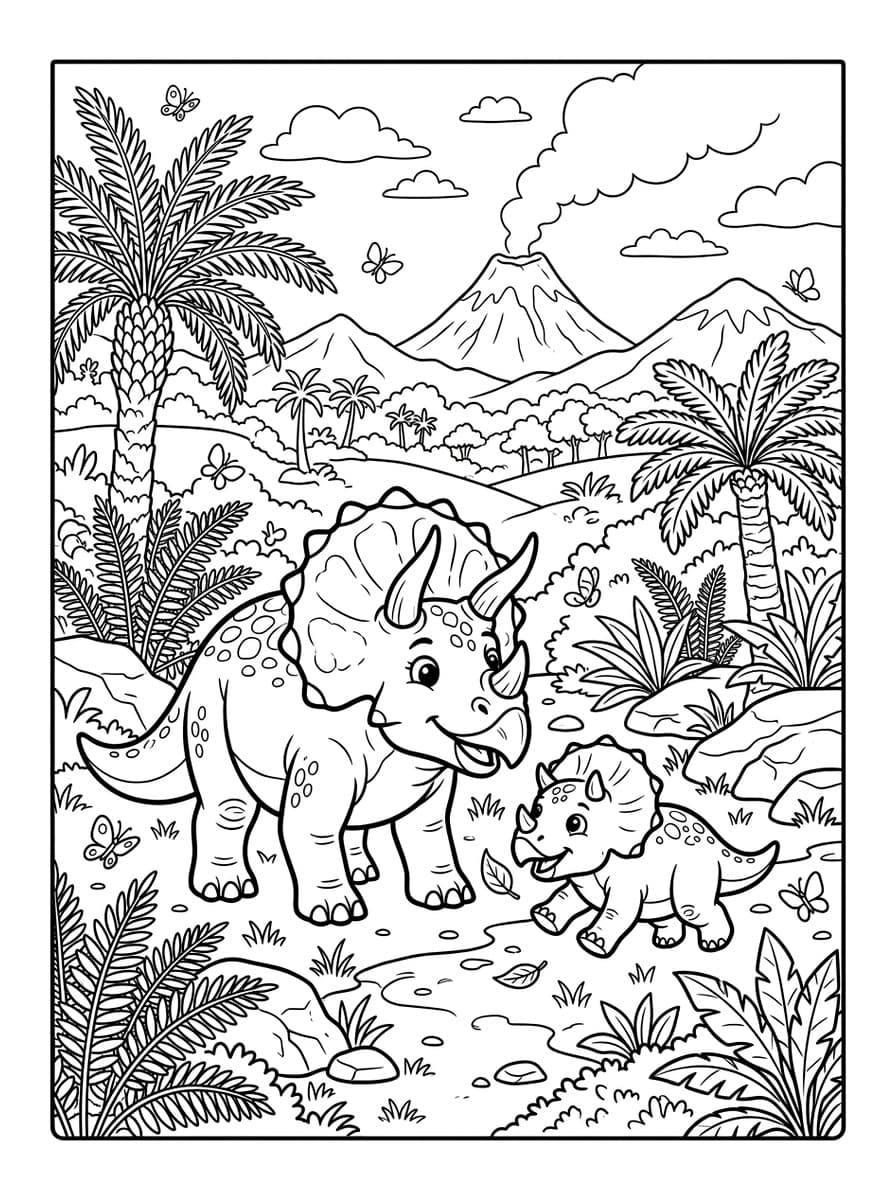 백악기 평원의 다정한 트리케라톱스 공룡 가족 - Free Printable Coloring Page