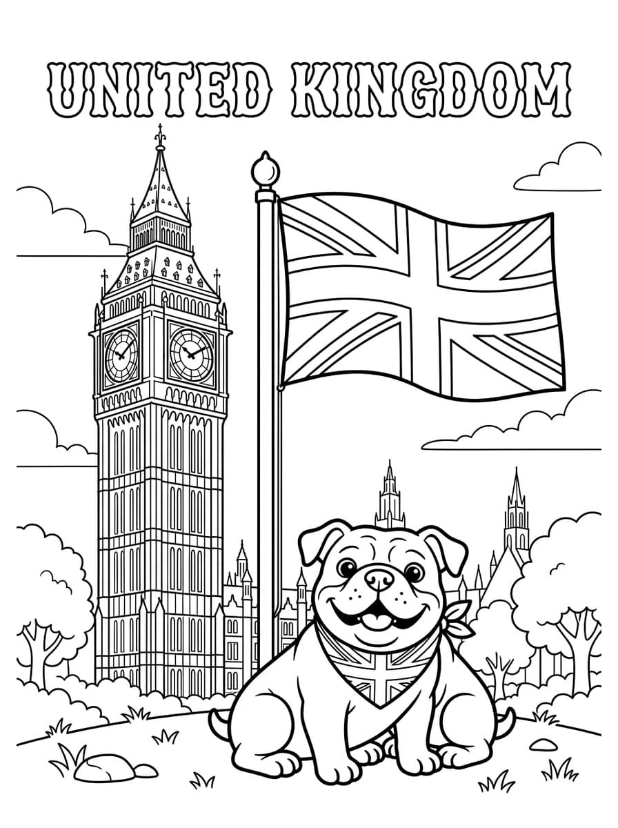영국 유니언잭 국기와 빅벤 시계탑 & 브리티시 불독 - Free Printable Coloring Page