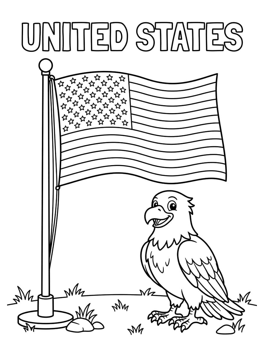 미국 국기 성조기와 당당한 흰머리수리 - Free Printable Coloring Page