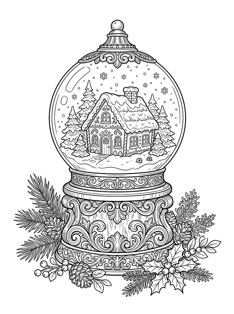 Whimsical Winter Snow Globe with Tiny Gingerbread Village - Free high-resolution printable black and white coloring page line art (PDF & JPG download)