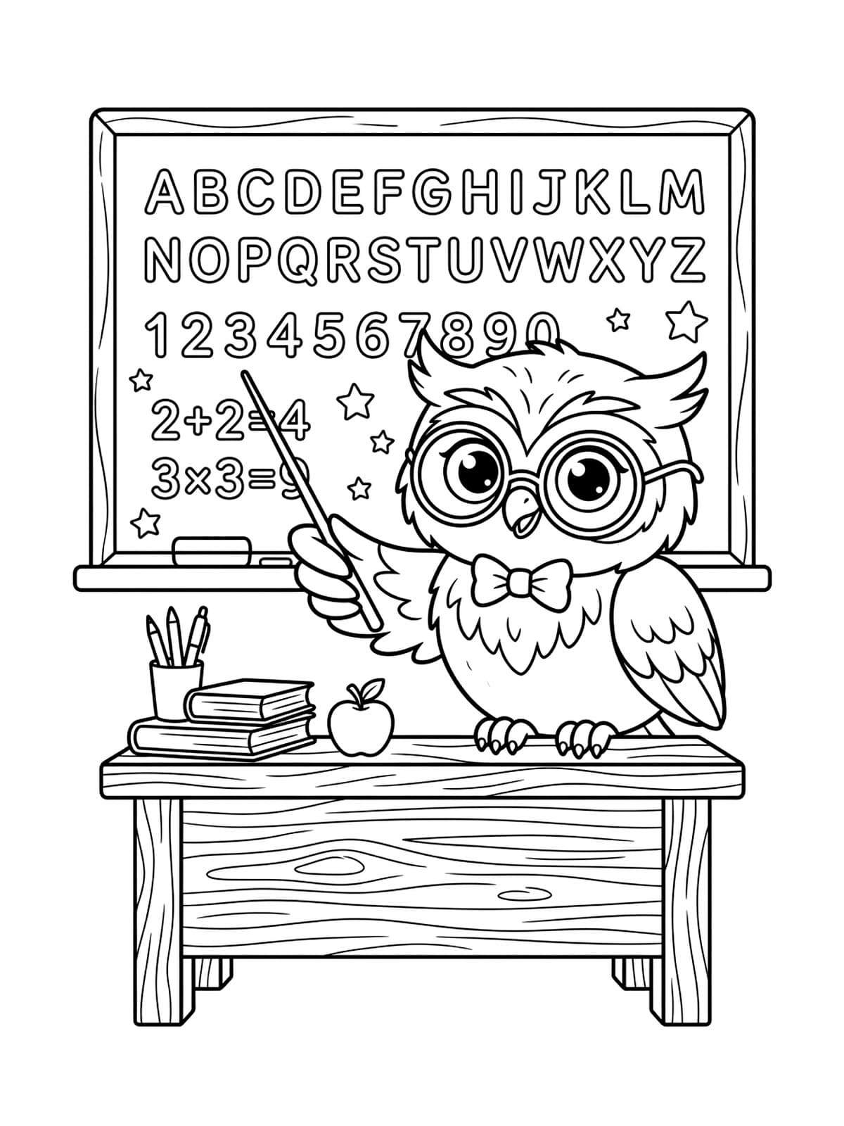 Wise Little Owl Teacher at the Classroom Blackboard - Free Printable Coloring Page