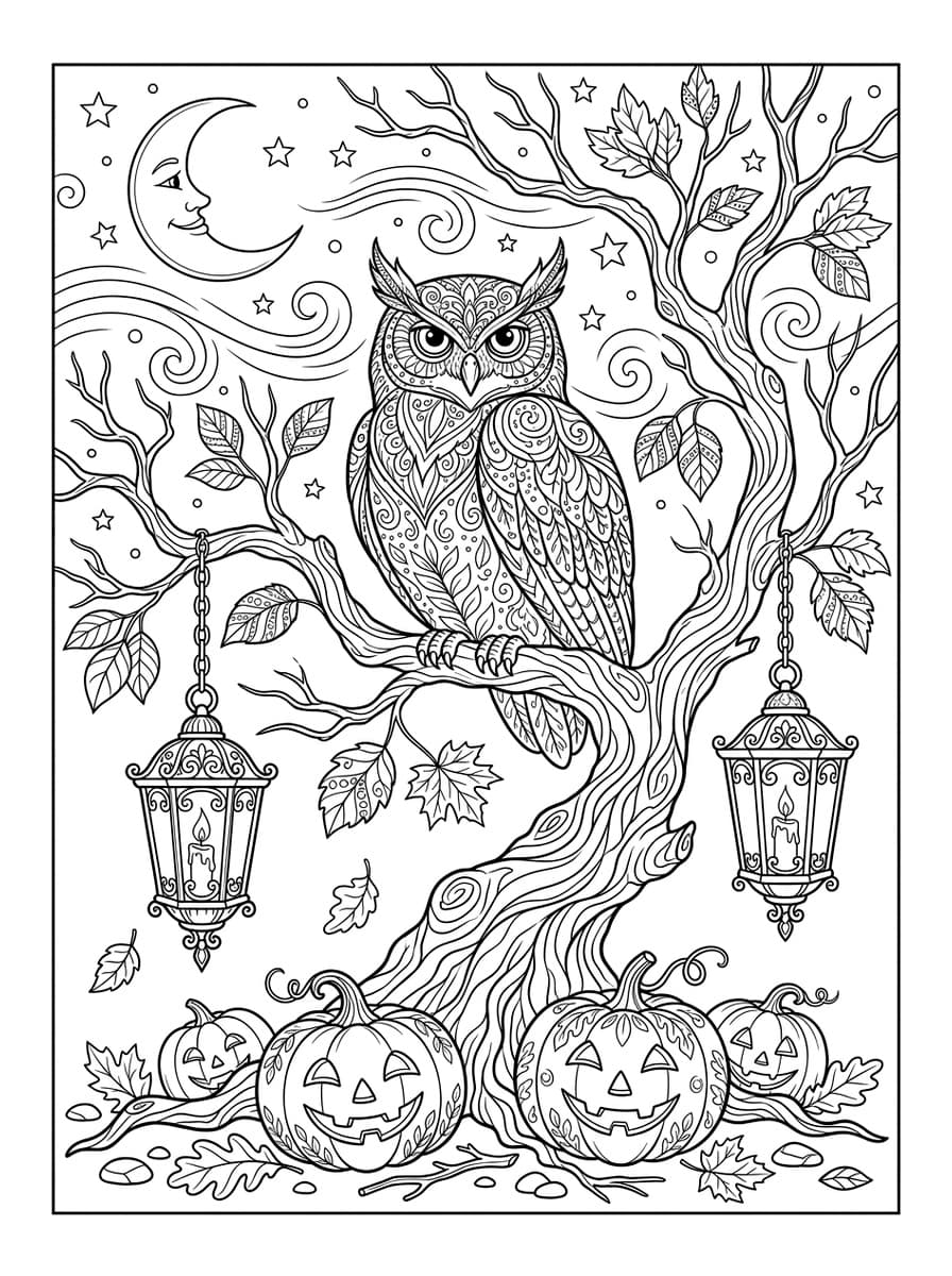 Wise Horned Owl Perched on Twisted Haunted Tree with Lanterns - Free high-resolution printable black and white coloring page line art (PDF & JPG download)