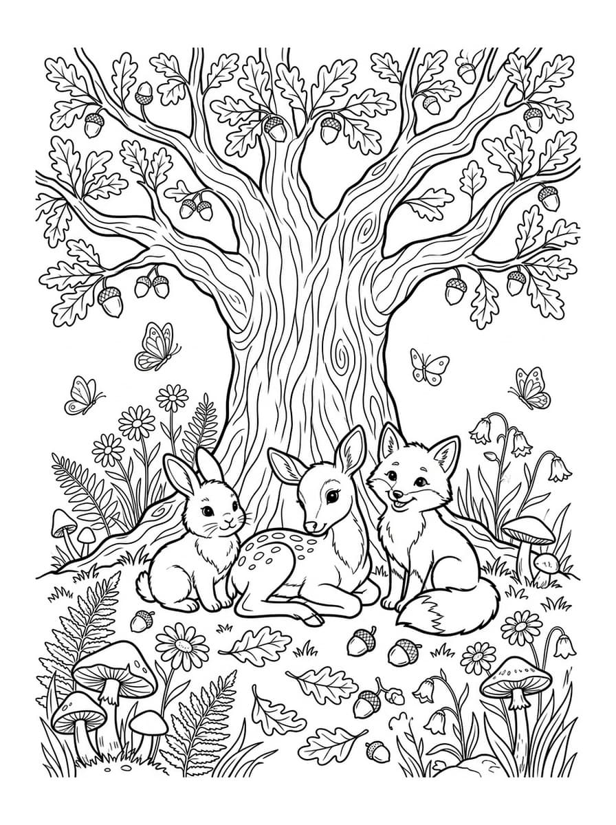 Peaceful Woodland Friends Under the Great Oak - Free Printable Coloring Page