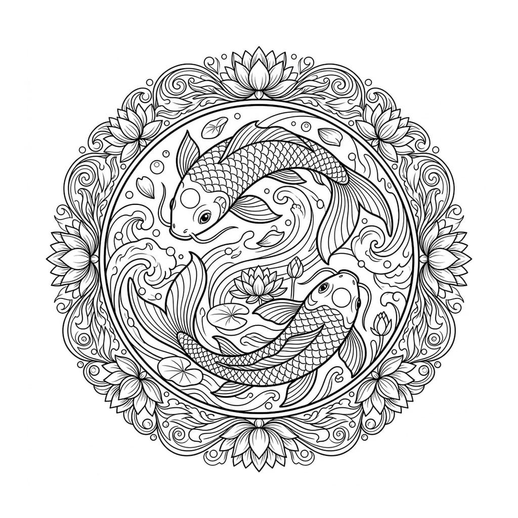 Yin Yang Harmonic Koi Fish Mandala - Free Printable Coloring Page