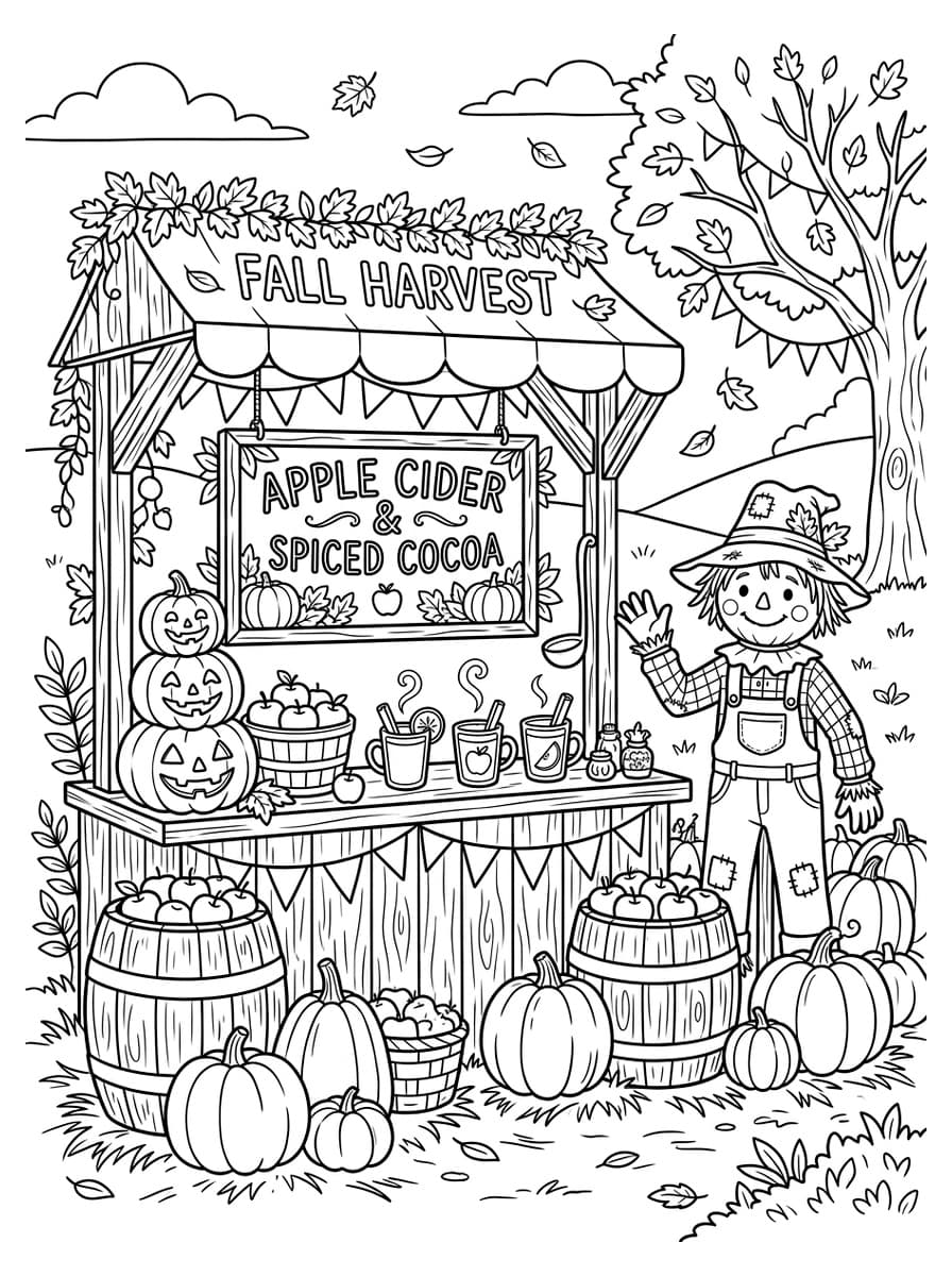 Cozy Autumn Halloween Harvest Festival & Cider Stand - Coloring Playground Cozy Autumn Halloween Harvest Festival & Cider Stand - Free high-resolution printable black and white coloring page line art (PDF & JPG download)