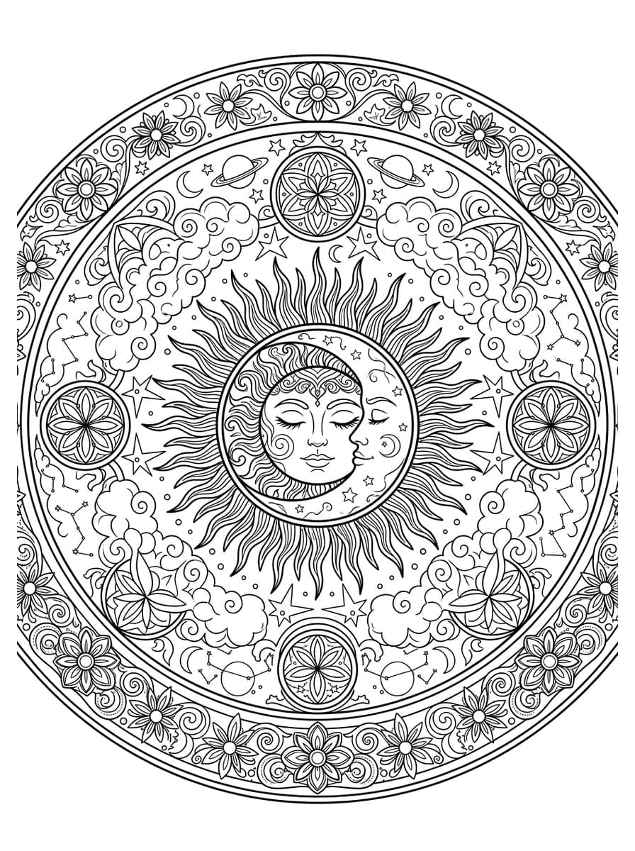 Celestial Sun and Moon Harmony Mandala - Coloring Playground Celestial Sun and Moon Harmony Mandala - Free high-resolution printable black and white coloring page line art (PDF & JPG download)