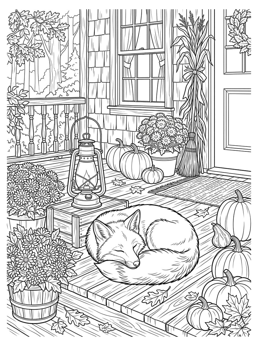 Cozy Sleeping Fox by the Autumn Porch Lantern - Coloring Playground Cozy Sleeping Fox by the Autumn Porch Lantern - Free high-resolution printable black and white coloring page line art (PDF & JPG download)