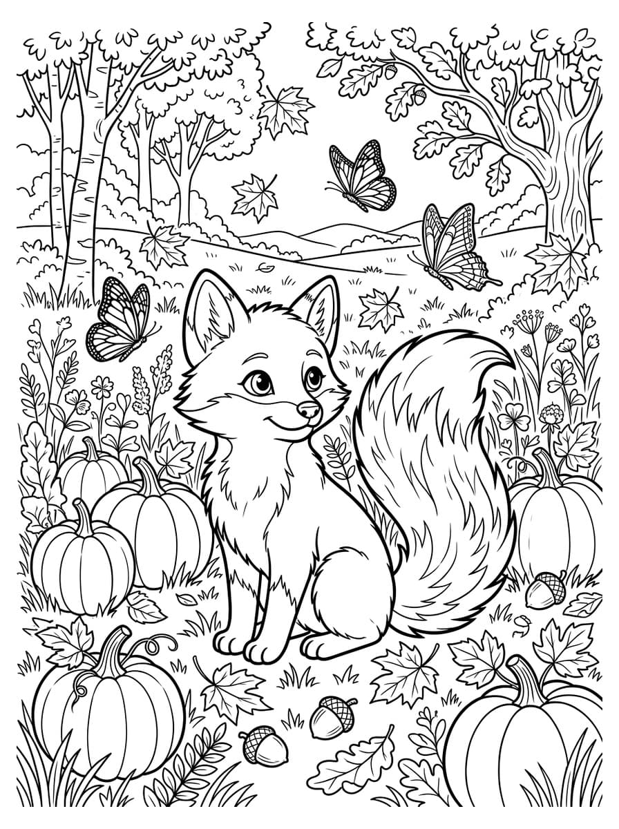 가을 숲속 호박밭의 호기심 많은 아기 여우 - Coloring Playground 가을 숲속 호박밭의 호기심 많은 아기 여우 - 무료 고화질 흑백 프린트 컬러링 도안 (A4 PDF & JPG 다운로드)