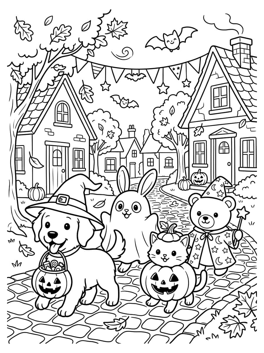 가을 마을 길을 걷는 귀여운 동물 친구들의 할로윈 코스튬 행진 - Coloring Playground 가을 마을 길을 걷는 귀여운 동물 친구들의 할로윈 코스튬 행진 - 무료 고화질 흑백 프린트 컬러링 도안 (A4 PDF & JPG 다운로드)
