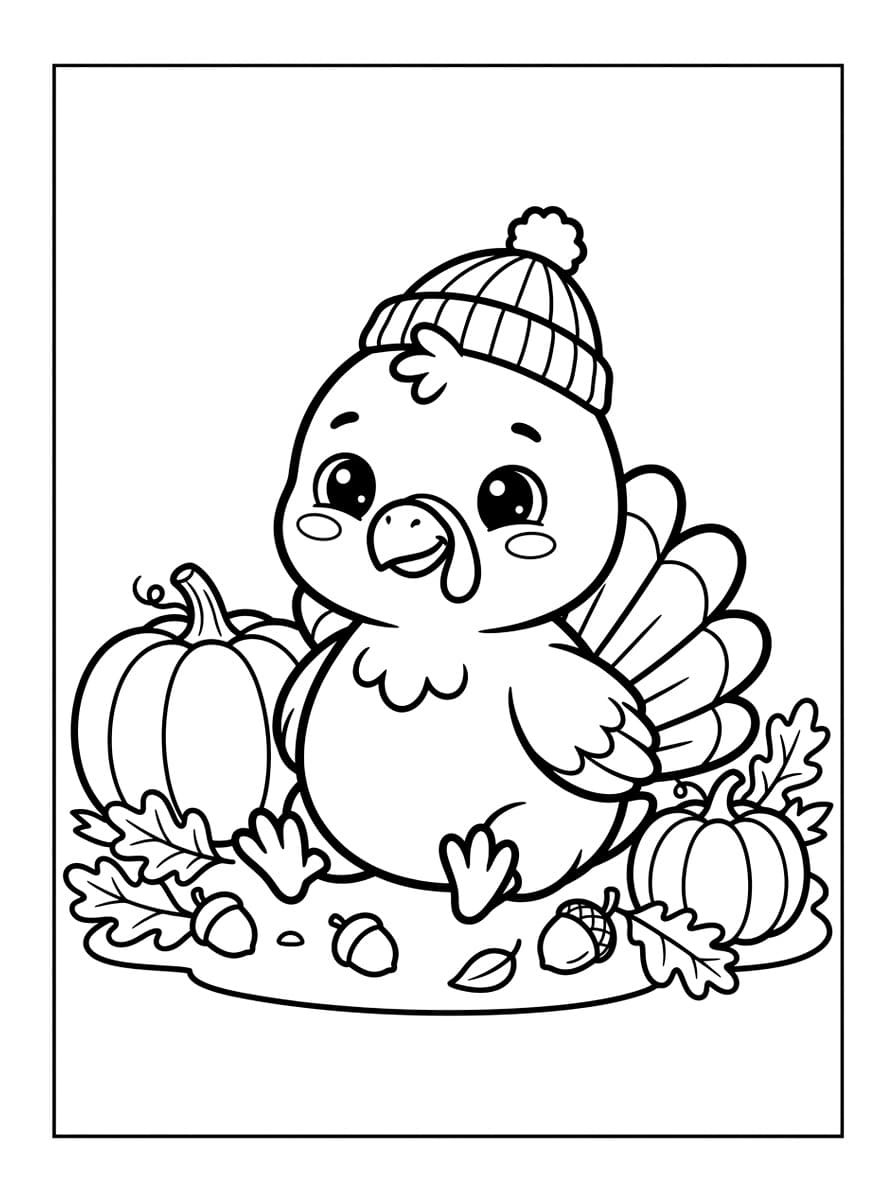 털모자를 쓴 깜찍한 아기 칠면조와 가을 호박밭 - Free Printable Coloring Page