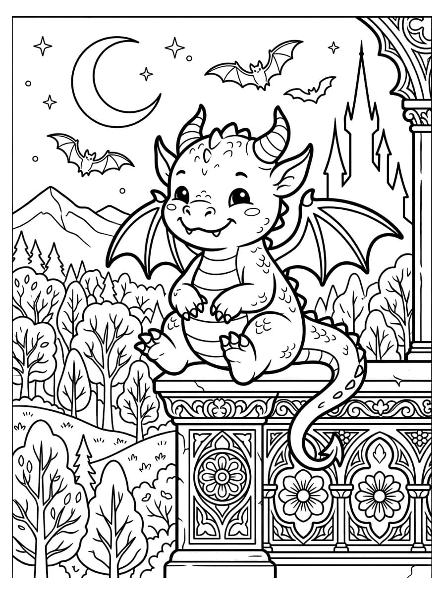 고성 난간에 앉은 귀여운 꼬마 가고일 - Free Printable Coloring Page