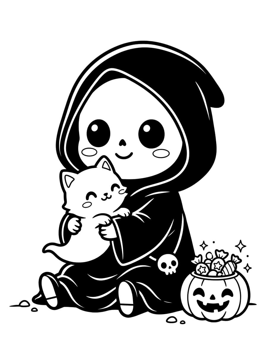 Cute Chibi Reaper and Playful Ghost Kitten - Coloring Playground Cute Chibi Reaper and Playful Ghost Kitten - Free high-resolution printable black and white coloring page line art (PDF & JPG download)