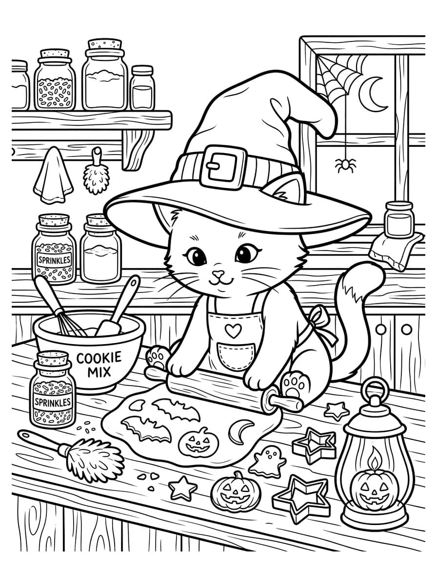 할로윈 쿠키를 굽는 꼬마 마녀 고양이 - Free Printable Coloring Page