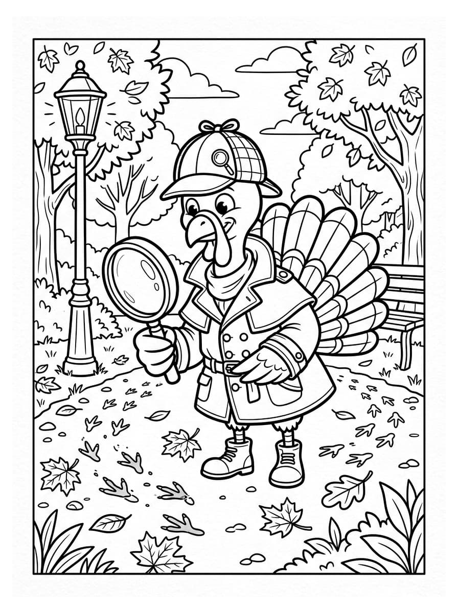 돋보기를 들고 단서를 찾는 명탐정 위장 칠면조 - Free Printable Coloring Page