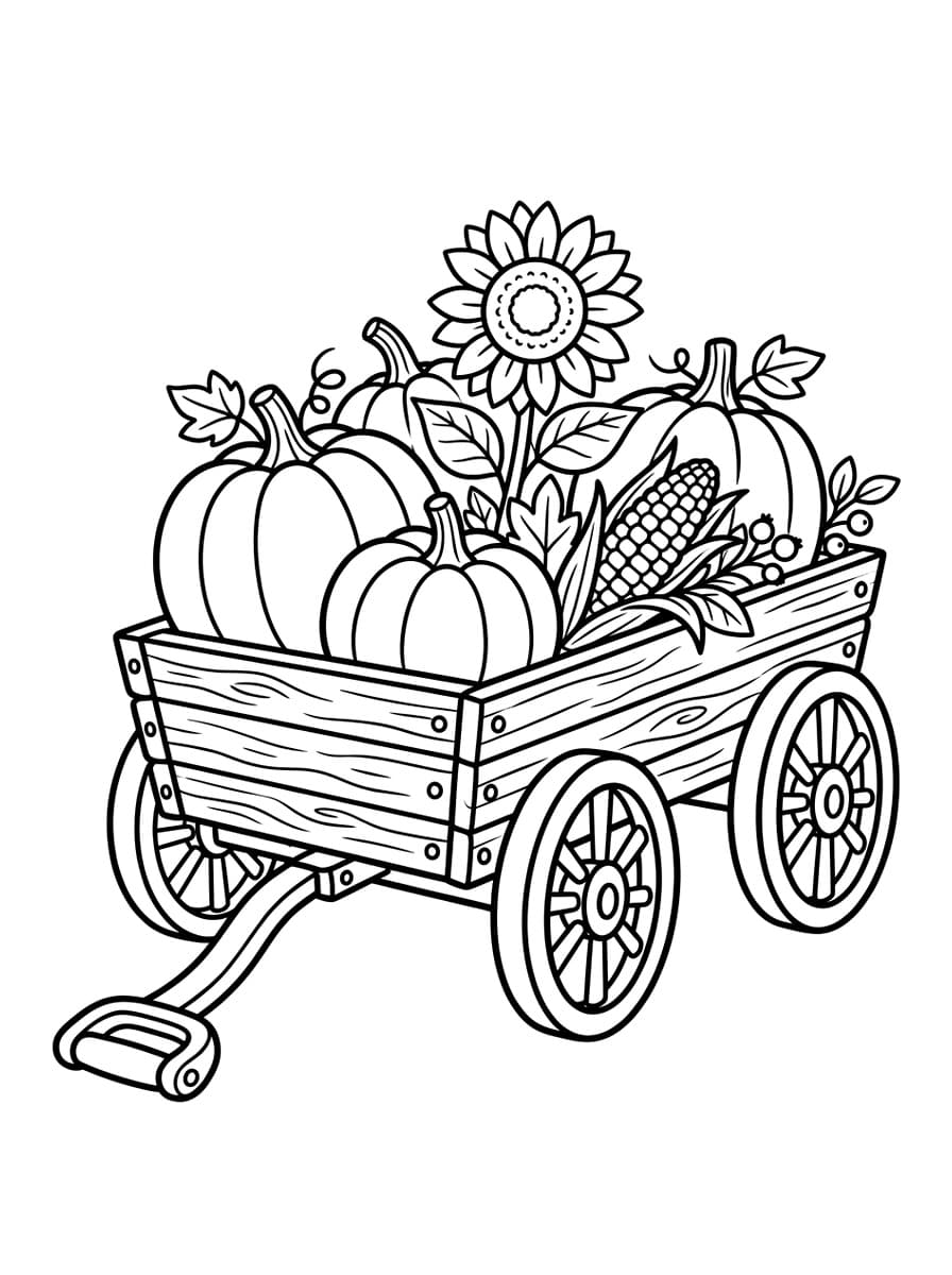 Harvest Pumpkin Wagon with Bright Sunflower - Free Printable Coloring Page