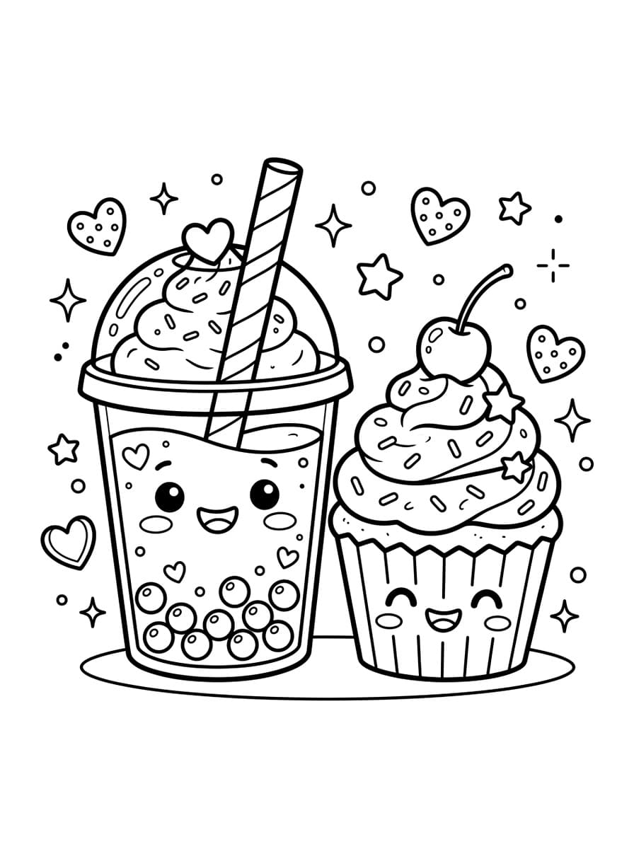 Kawaii Boba Milk Tea and Sweet Cupcake - Coloring Playground Kawaii Boba Milk Tea and Sweet Cupcake - Free high-resolution printable black and white coloring page line art (PDF & JPG download)