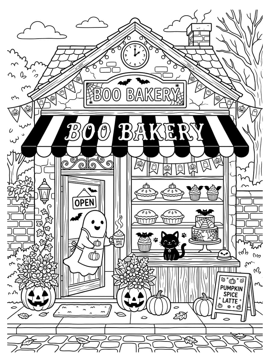 Kawaii Ghost Cafe & Spooky Halloween Boo Bakery - Free Printable Coloring Page