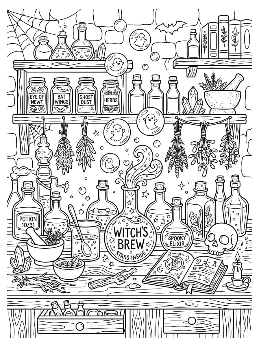 신비로운 마법 물약 실험실과 떠다니는 방울들 - Free Printable Coloring Page