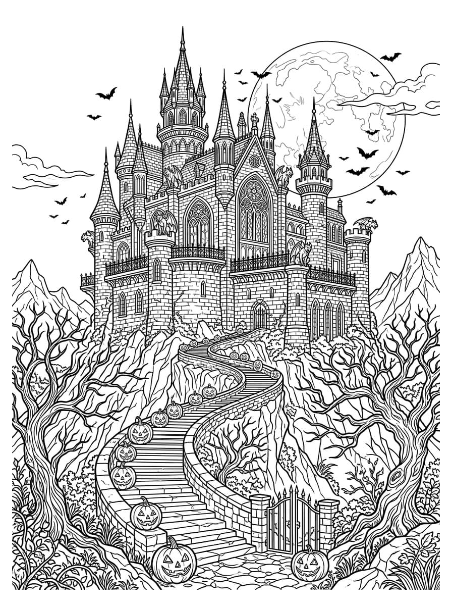 거대한 수확의 보름달과 웅장한 고딕 첨탑 고성 - Coloring Playground 거대한 수확의 보름달과 웅장한 고딕 첨탑 고성 - 무료 고화질 흑백 프린트 컬러링 도안 (A4 PDF & JPG 다운로드)