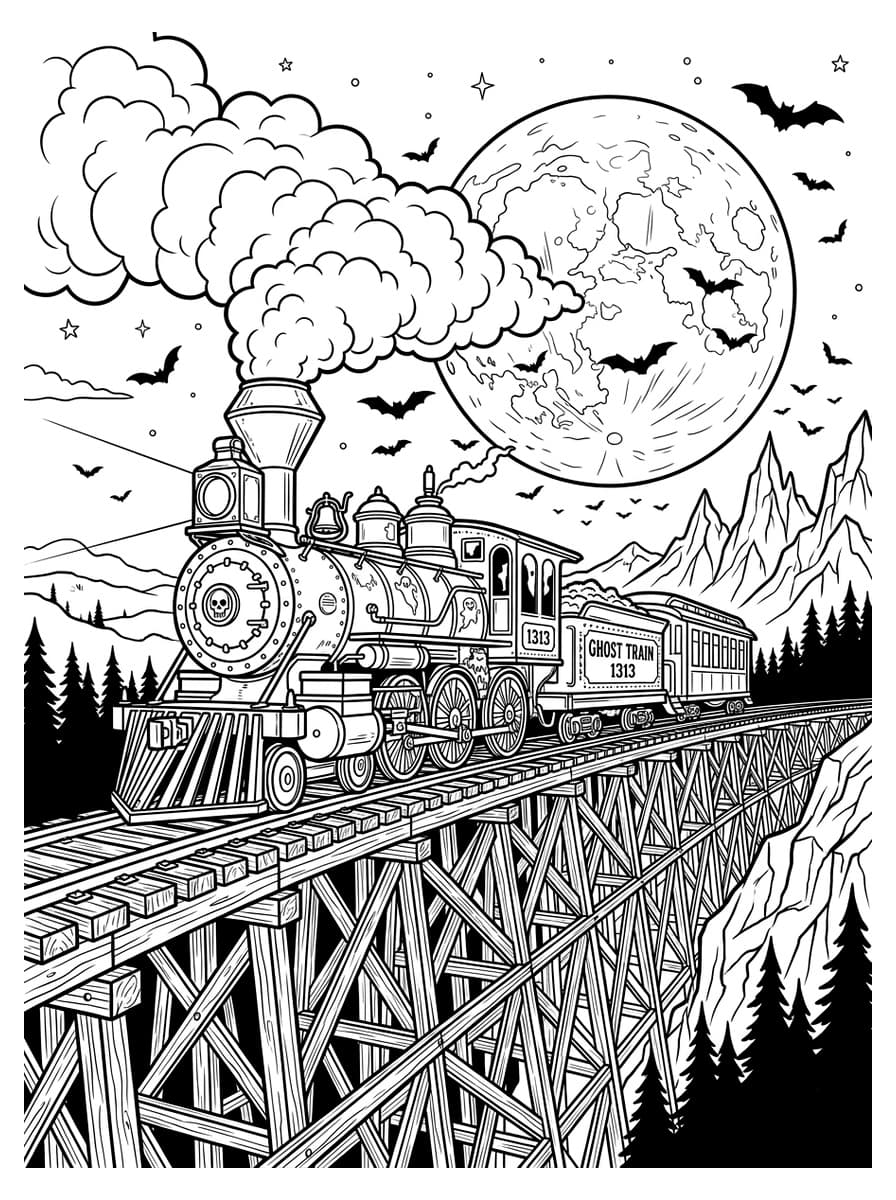 Phantom Ghost Steam Train on Haunted Trestle Bridge - Coloring Playground Phantom Ghost Steam Train on Haunted Trestle Bridge - Free high-resolution printable black and white coloring page line art (PDF & JPG download)