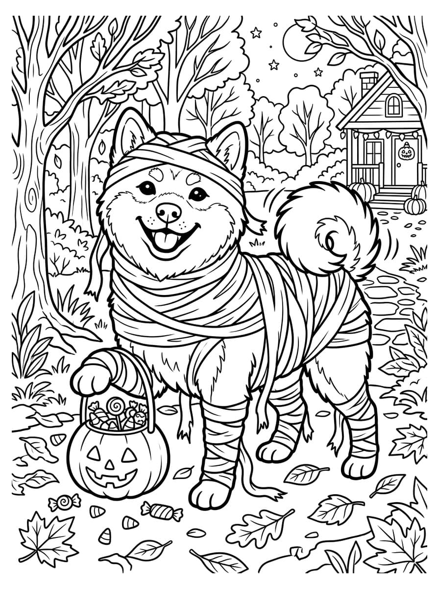 Playful Shiba Inu Puppy in Cute Halloween Mummy Costume - Free Printable Coloring Page