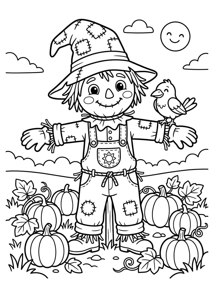 Smiling Scarecrow in Sunny Pumpkin Patch - Coloring Playground Smiling Scarecrow in Sunny Pumpkin Patch - Free high-resolution printable black and white coloring page line art (PDF & JPG download)