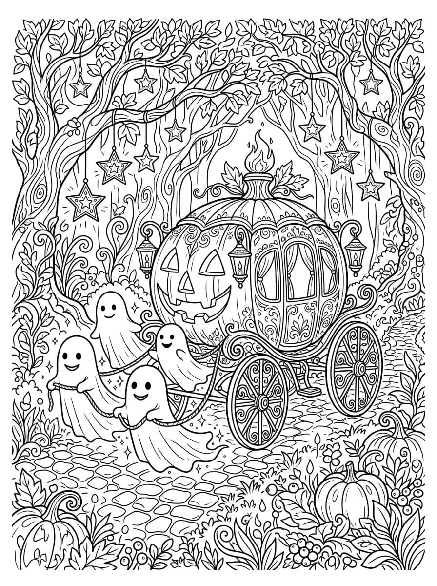 안개 낀 밤길을 달리는 유령 호박 마차 - Free Printable Coloring Page
