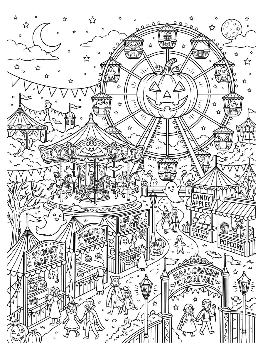 환상적인 할로윈 야간 놀이공원과 거대 호박 대관람차 - Coloring Playground 환상적인 할로윈 야간 놀이공원과 거대 호박 대관람차 - 무료 고화질 흑백 프린트 컬러링 도안 (A4 PDF & JPG 다운로드)
