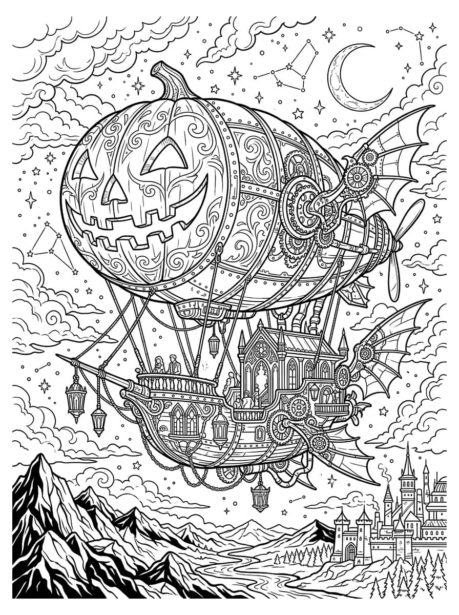Steampunk Halloween Jack-o'-Lantern Airship & Clockwork Wings - Free Printable Coloring Page
