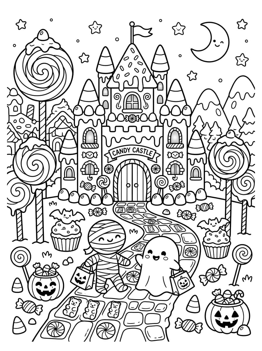 달콤한 캔디 왕국과 미니 미라 과자의 할로윈 파티 - Coloring Playground 달콤한 캔디 왕국과 미니 미라 과자의 할로윈 파티 - 무료 고화질 흑백 프린트 컬러링 도안 (A4 PDF & JPG 다운로드)