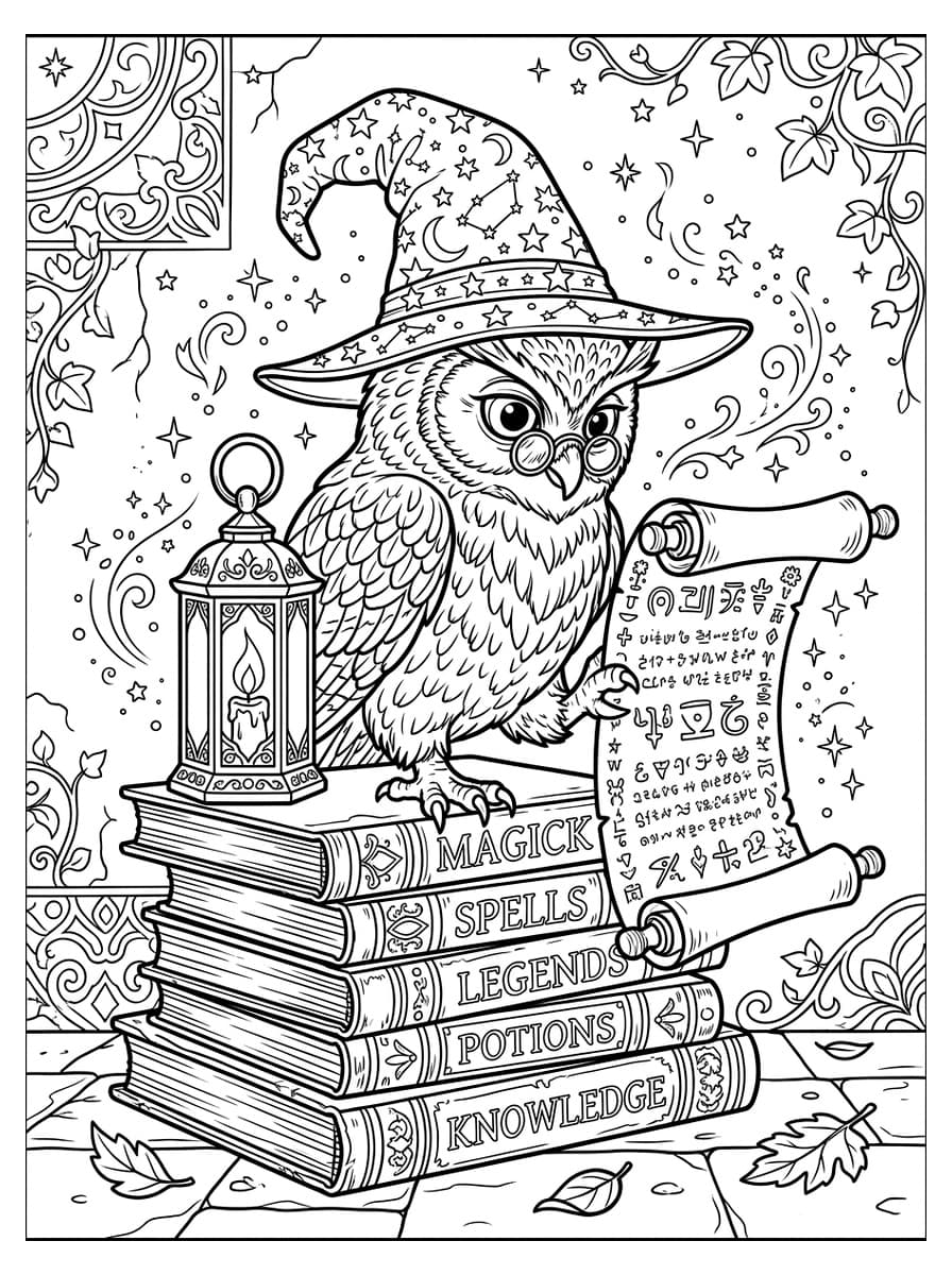 마법 두루마리를 읽는 지혜로운 부엉이 마법사 - Free Printable Coloring Page