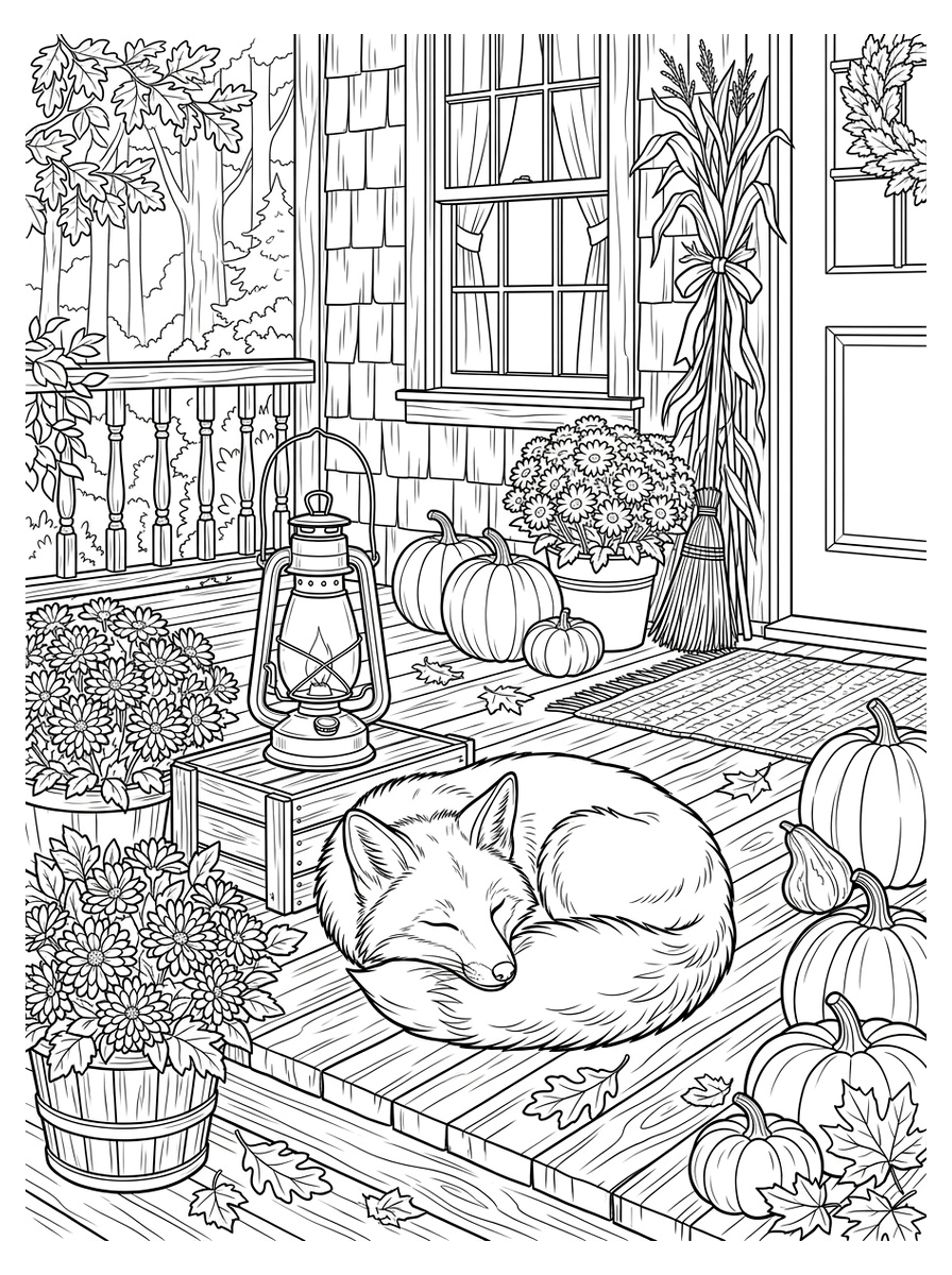 Cozy Sleeping Fox by the Autumn Porch Lantern