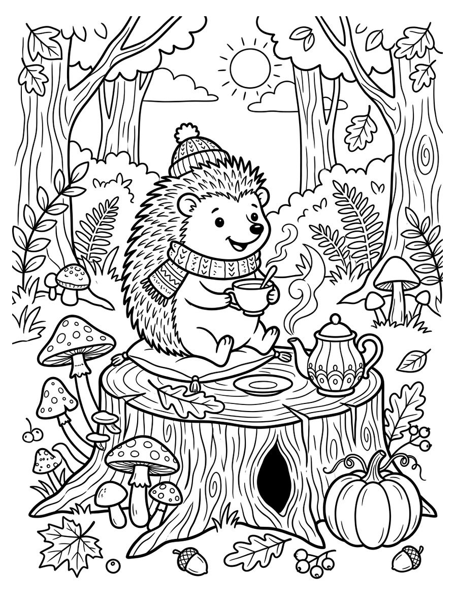 Cozy Hedgehog Autumn Mushroom Tea Party