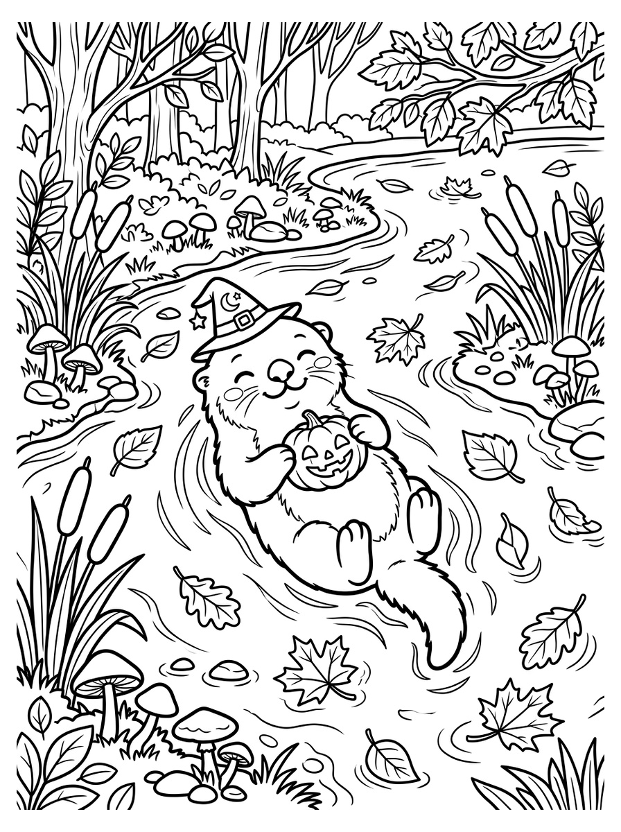 Cute Otter Floating on Autumn River with Pumpkin Float
