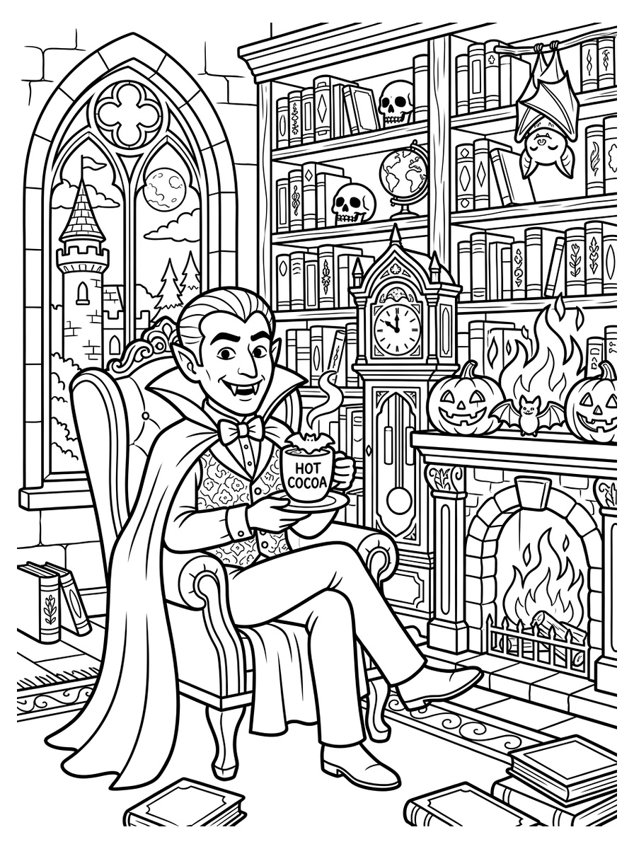 Friendly Vampire Count Enjoying Hot Cocoa by Castle Fireplace