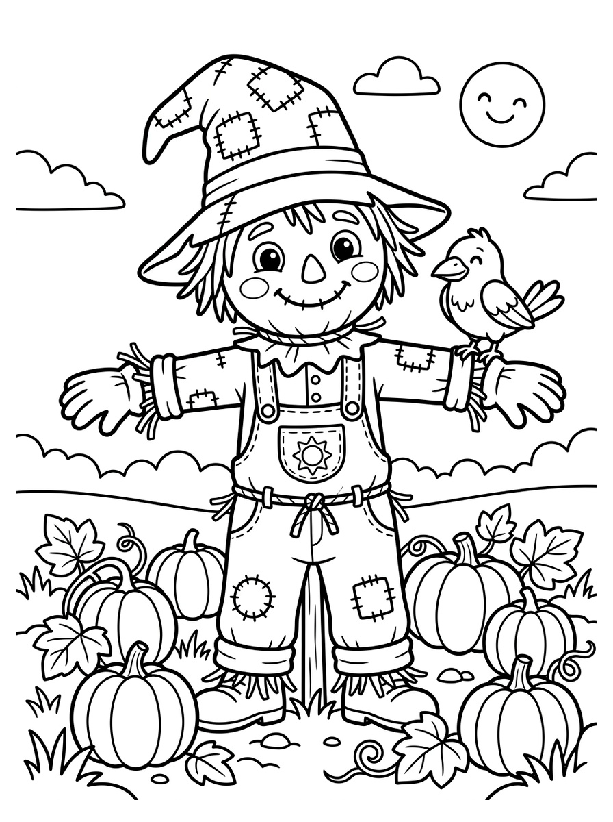 Smiling Scarecrow in Sunny Pumpkin Patch
