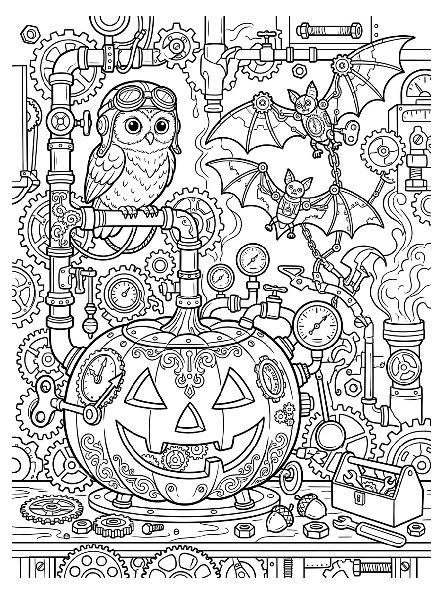 Steampunk Clockwork Halloween Pumpkin Machine and Aviator Owl